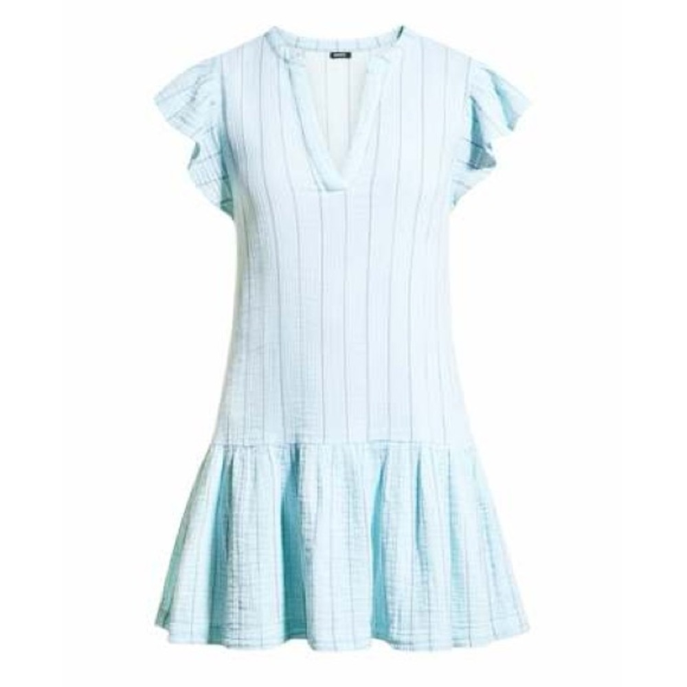 BNWT MONROW Pinstripe Gauze Ruffle Mini Dress Womens Size L Sea Foam